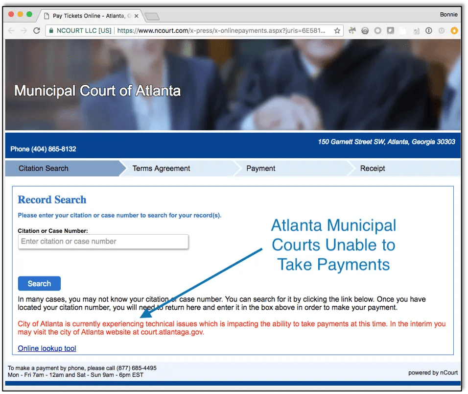 Municipal Court of Atlanta Site Unable to Take Payments