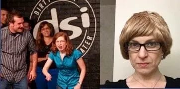 Bonnie pretending to be an elderly woman on stage (l) and for a real-life PSE (r)
