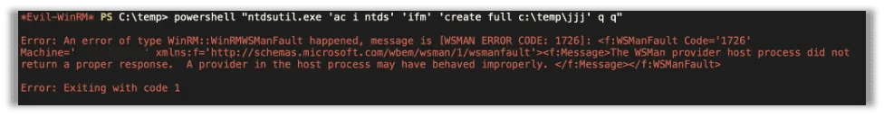 Running the powershell "ntdsutil.exe 'ac i ntds' 'ifm' 'create full c:\temp' q q" command