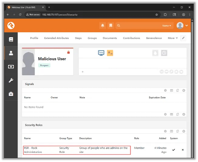 Malicious User's Profile Now Shows Admin Security Setting