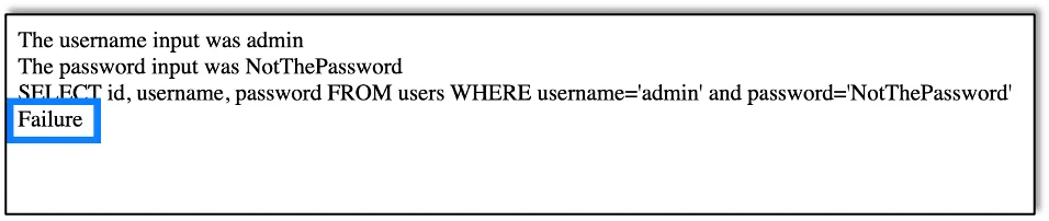 A failure when the password is incorrect