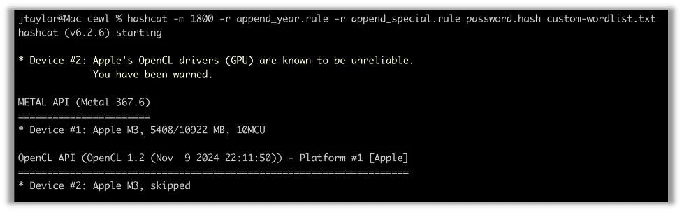 Hashcat command using CeWL wordlist and rules that add years and special characters