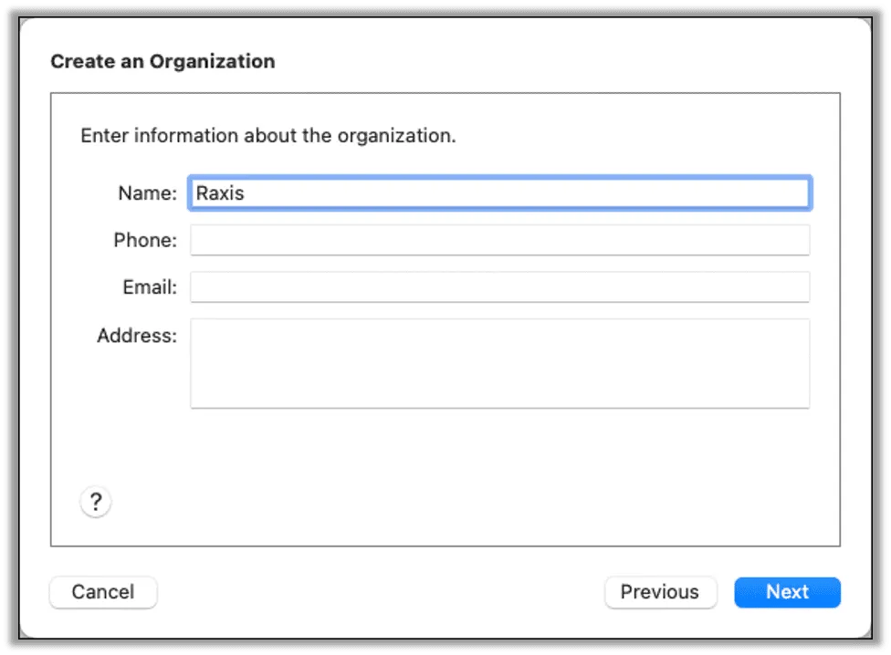 Create an Organization dialog