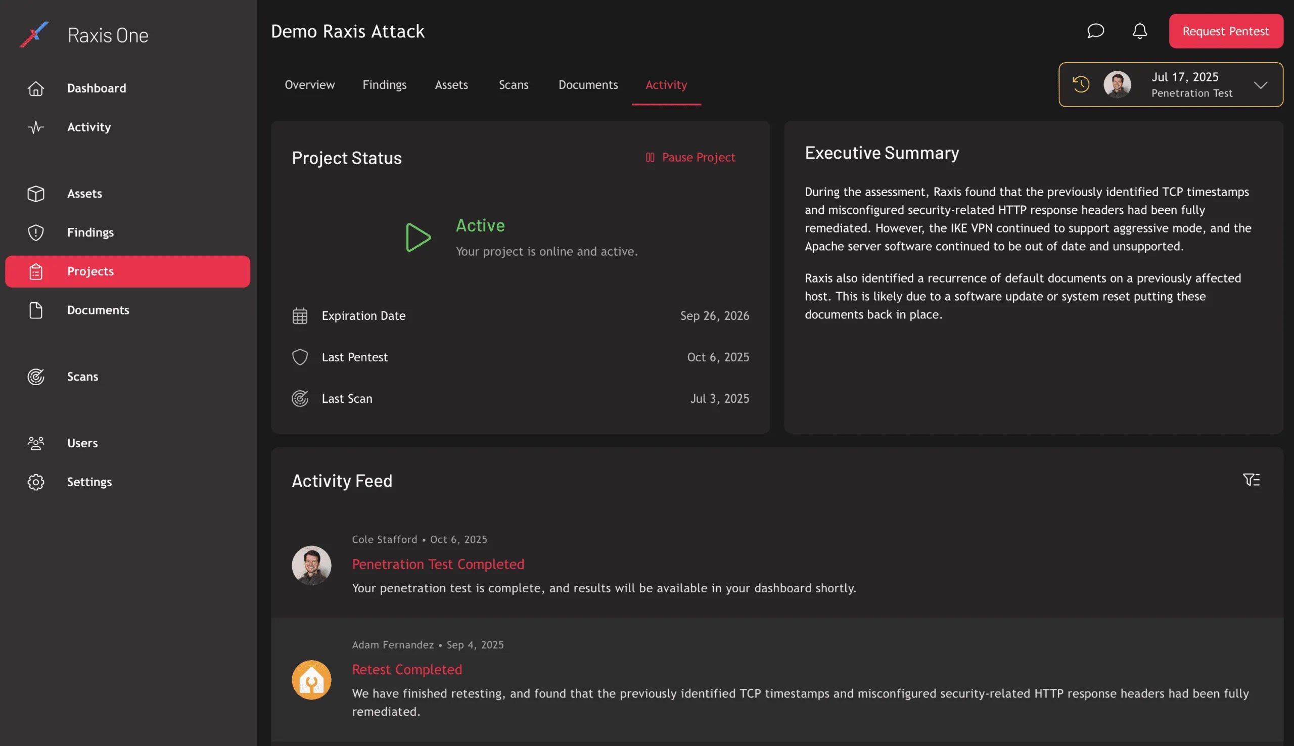 Raxis One demo project showing testing status, an executive summary, and an activity feed with test and retest updates