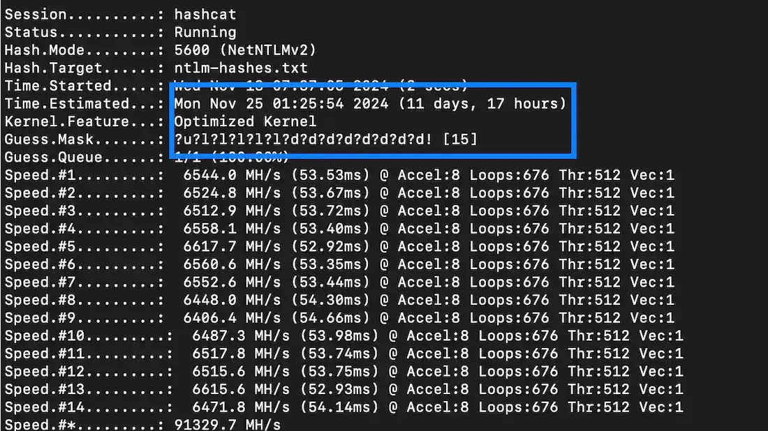Multi-GPU Hashcat cracking NetNTLMv2 hashes with an 11-day estimate