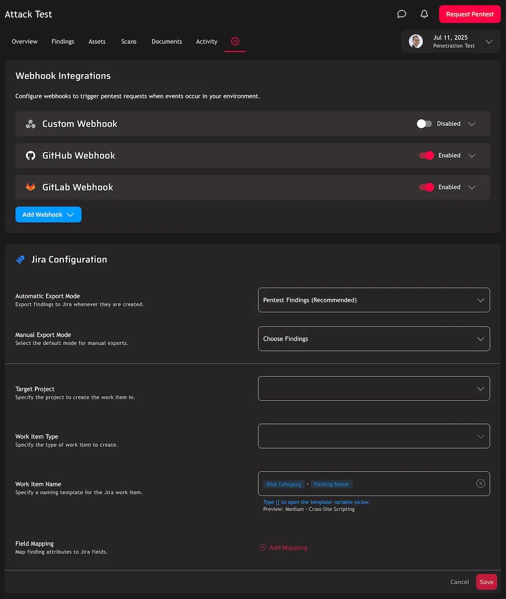 Raxis One Jira integration settings for automatic exports, target projects, ticket naming templates, and field mappings